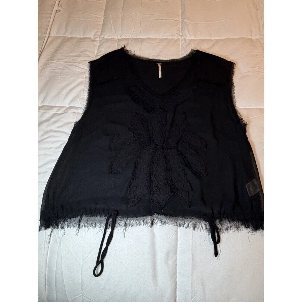 Free People Black Sheer Sleeveless Crop Top Embroidered Flower Small